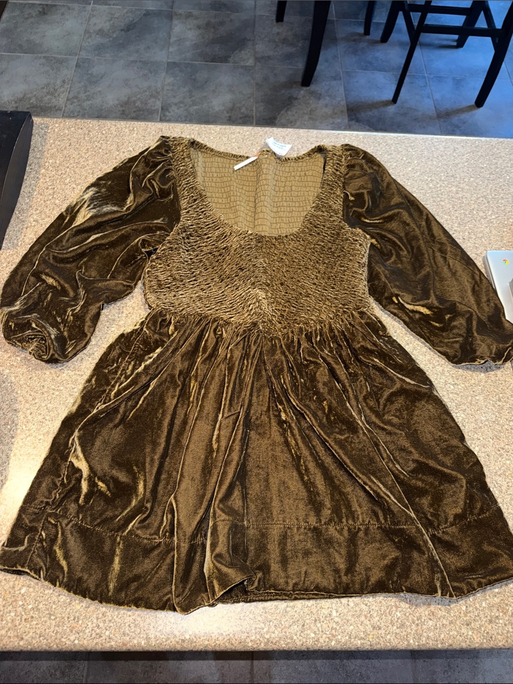 Free People Olive Velvet Smocked Puff-Sleeve Mini Dress